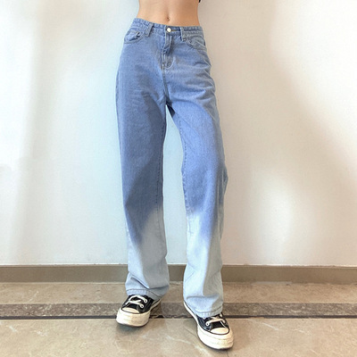 Tie-dye blue and white color matching straight-leg pants牛仔