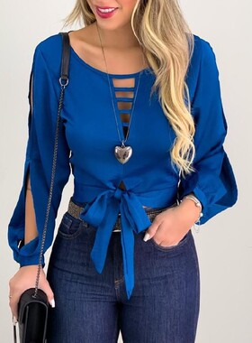 Ladies Blue Hollow Tie Top 女士蓝色镂空绑带上衣