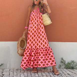 s Summer Maxi Dress Vintage Rhombus Lattice Boho Party Dress