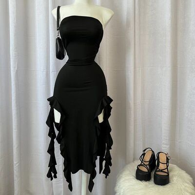 Solid color black fungus edge sleeveless dress纯色无袖连衣裙