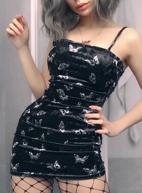 蝴蝶印花紧身吊带连衣裙 Butterfly print tight suspender dress