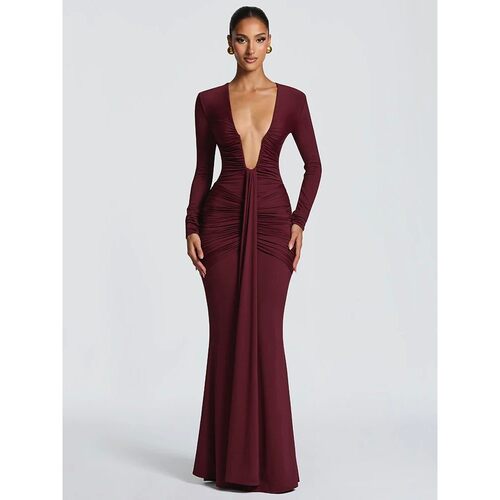 欧美深V收腰长袖鱼尾连衣裙