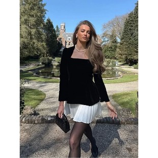 Chic Broad Shoulder Square Neck Dress Women Long Sleeve Mini