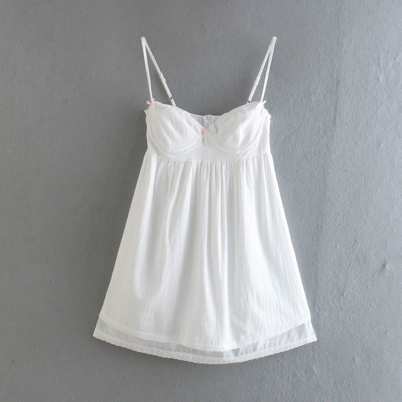 Bow tie lace suspender dress女士蝴蝶结系带花边吊带白色连衣裙