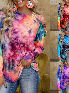 Tie-dye printed long-sleeved off-the-shoulder loose T-shirt
