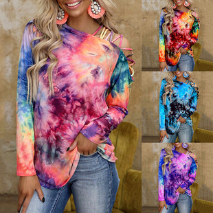 Tie-dye printed long-sleeved off-the-shoulder loose T-shirt