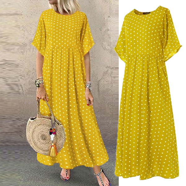 Short-sleeved dot-printed long dress短袖圆点印花长款连衣裙女