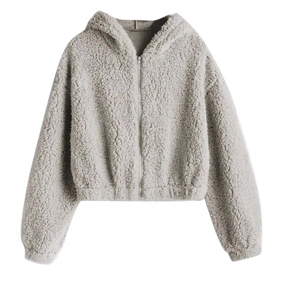 Solid Zipper Long Sleeve Plush Sweatershirt Hoodie Tops
