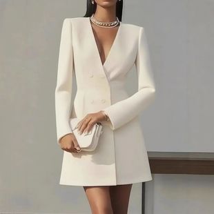 Solid color  V-neck suit dress for women 纯色V领西装连衣裙女