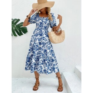 neck floral waist slimming dress cinching V领收腰碎花连衣裙V