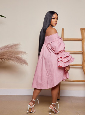 Lady's Slim Fit Pleated Off Shoulder Dress修身褶皱露肩连衣裙