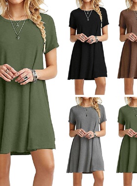 Women's Solid Color O Neck Short Sleeve Loose Dress女装纯色