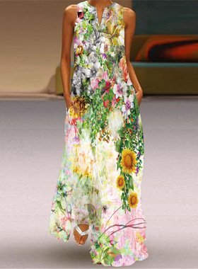 Women's sleeveless V-neck printed long skirt 无袖v领印花长裙