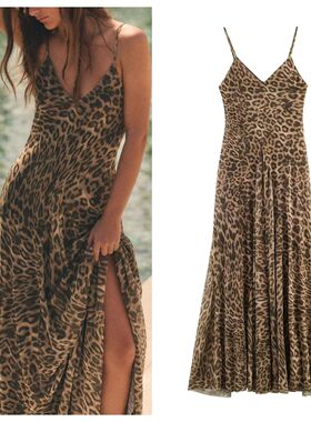 豹纹吊带长款连衣裙 V-neck leopard print suspender long dress