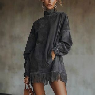 High neck loose tassel long sleeved dress 高领宽松流苏连衣裙