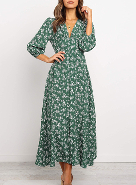 Vintage Small Floral Lantern Sleeve Button High Waist Dress