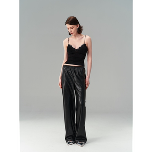 JOHNNYWU 小众原创慵懒风金属牌休闲松紧腰阔腿皮裤