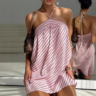 striped 挂脖露背宽松条纹连衣裙 dress slim neck Ladies round