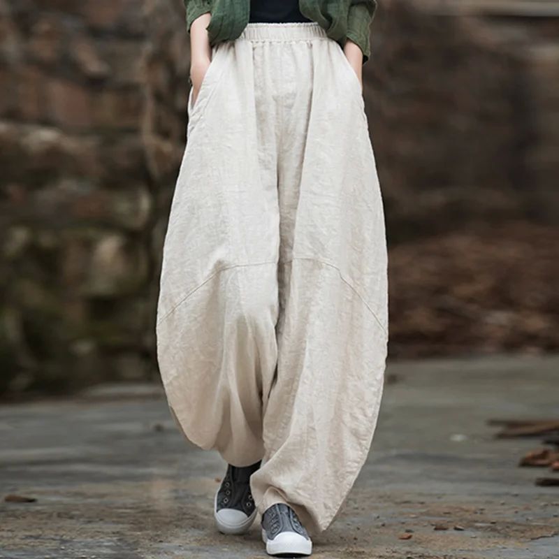 做旧垂感宽松灯笼裤女 Solid color vintage loose lantern pants - 实物图