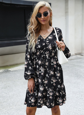 Women's Printed Long Sleeve Black Dress 印花长袖黑色连衣裙