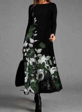 rinted Party Dress Ladies Elegant Long Sleeve A-Line Dresses