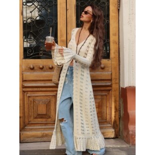 neck openwork flared 镂空喇叭袖 loose 女V sleeve cardigan 开衫