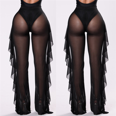 欧美纯色荷叶边性感网纱透视裤Lotus leaf edge sexy mesh pants