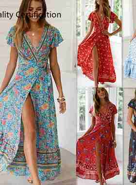 New fashion print V-neck short-sleeved dress印花短袖连衣裙