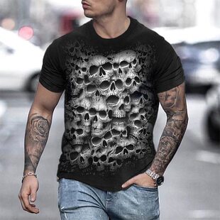 骷髅头3D印花短袖T恤夏季上衣 Men's casual short sleeved shirt
