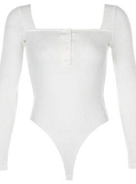 Slim-fit U-neck threaded long-sleeved single-breasted bodysu