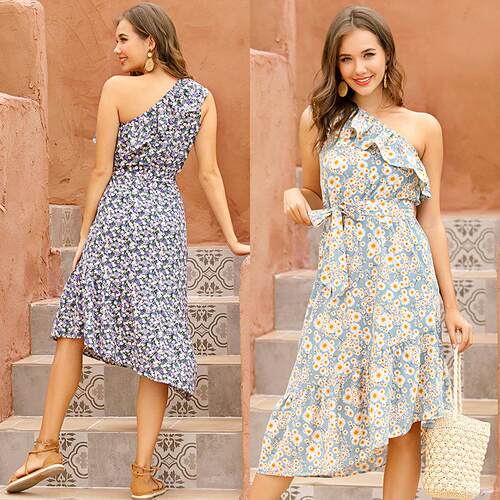 Floral lotus leaf slanted shoulder dress female summer 2021