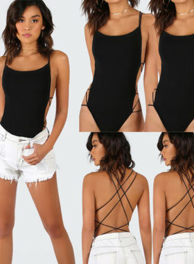 爆款时尚百搭休闲舒适欧美风纯色圆领交叉吊带性感露背常规上衣女