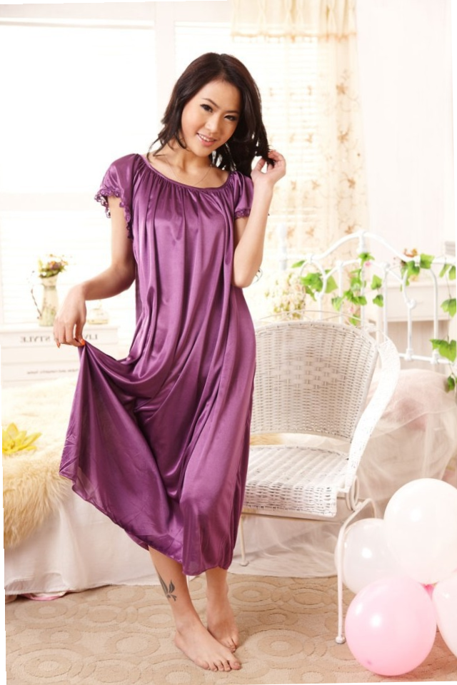Silk Nightgowns,Hot Sale Lace Short Sleeves Women Nightwear