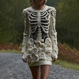 哥特式骷髅万圣长袖节连衣裙女 Gothic Skeleton Halloween Dress