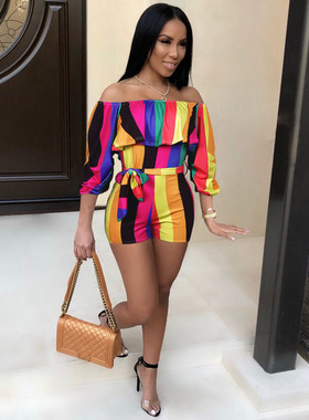 Overalls Shorts Rompers Women Jumpsuit印花层叠袖腰带连体裤