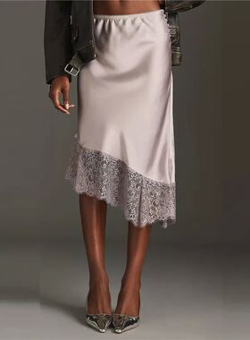 纯色不规则高腰花边半身裙女 irregular high waisted lace skirt