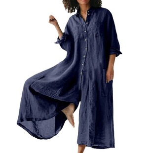女士纯色长袖衬衫连体长裤 Women's long sleeved shirt jumpsuit