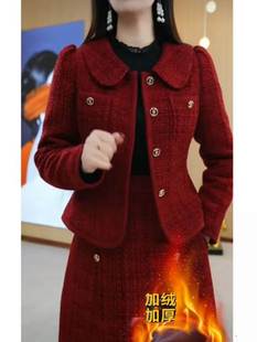 美瑞加绒加厚两件套连衣裙女2023新款 潮 冬季 单排扣短外套裙子套装