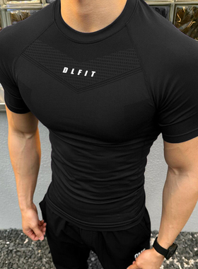 健身无缝紧身衣高弹力纹理感短袖T恤修身肌肉男抗皱压缩训练速干