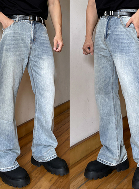 美式微喇牛仔裤健身水洗显瘦拖地裤男款加长弯刀复古浅蓝色显腿长