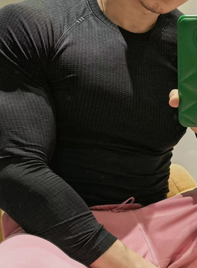 lulu同款无缝提花紧身衣美式训练健身肌肉男T恤弹力圆领纹理长袖