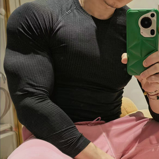 训练健身肌肉男T恤弹力圆领纹理长袖 lulu同款 无缝提花紧身衣美式