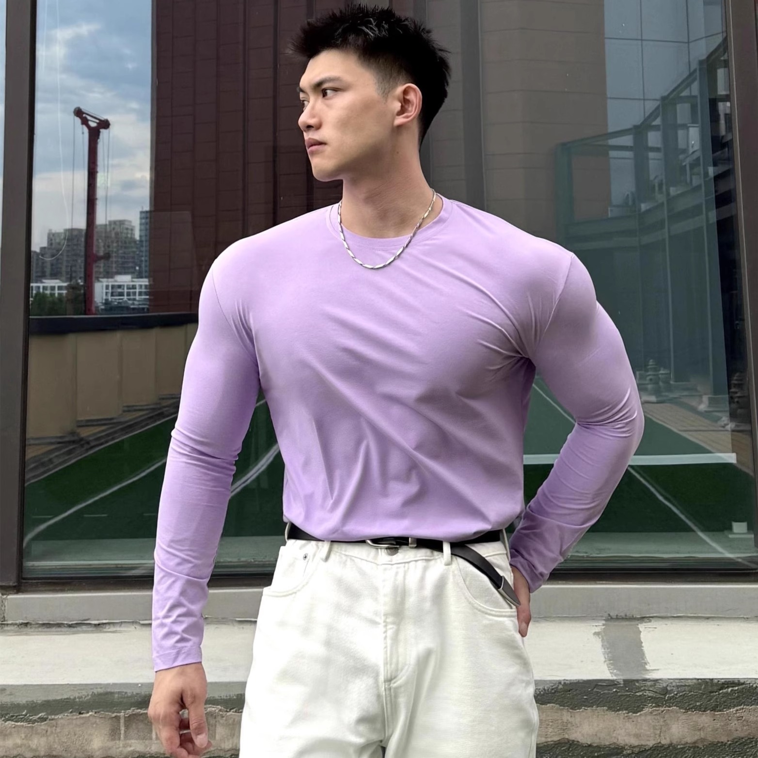 纯色弹力健身长袖T恤肌肉男款紧身衣速干显大修身上衣打底衫训练