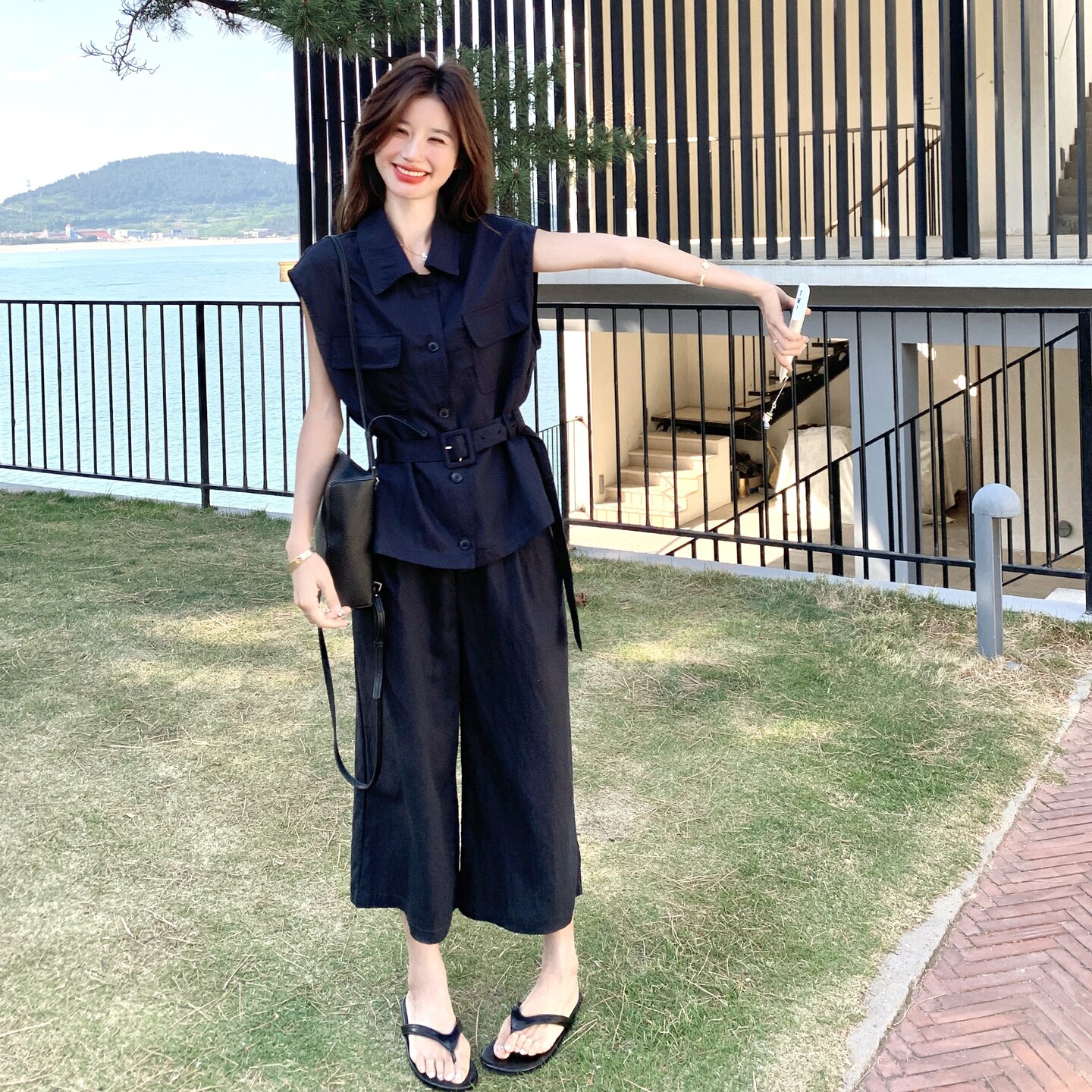 韩版工装收腰系带气质马甲套装女2025年夏季新款宽松休闲裤两件套,女装套装/套裙,浙宝136
