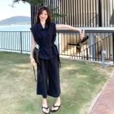 韩版工装收腰系带气质马甲套装女2025年夏季新款宽松休闲裤两件套，女装套装/套裙，浙宝136