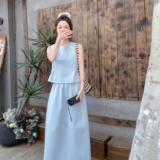 蓝色甜美减龄套装女2025夏新款韩系时尚简约时尚背心半身裙两件套，女装套装/套裙，浙宝136