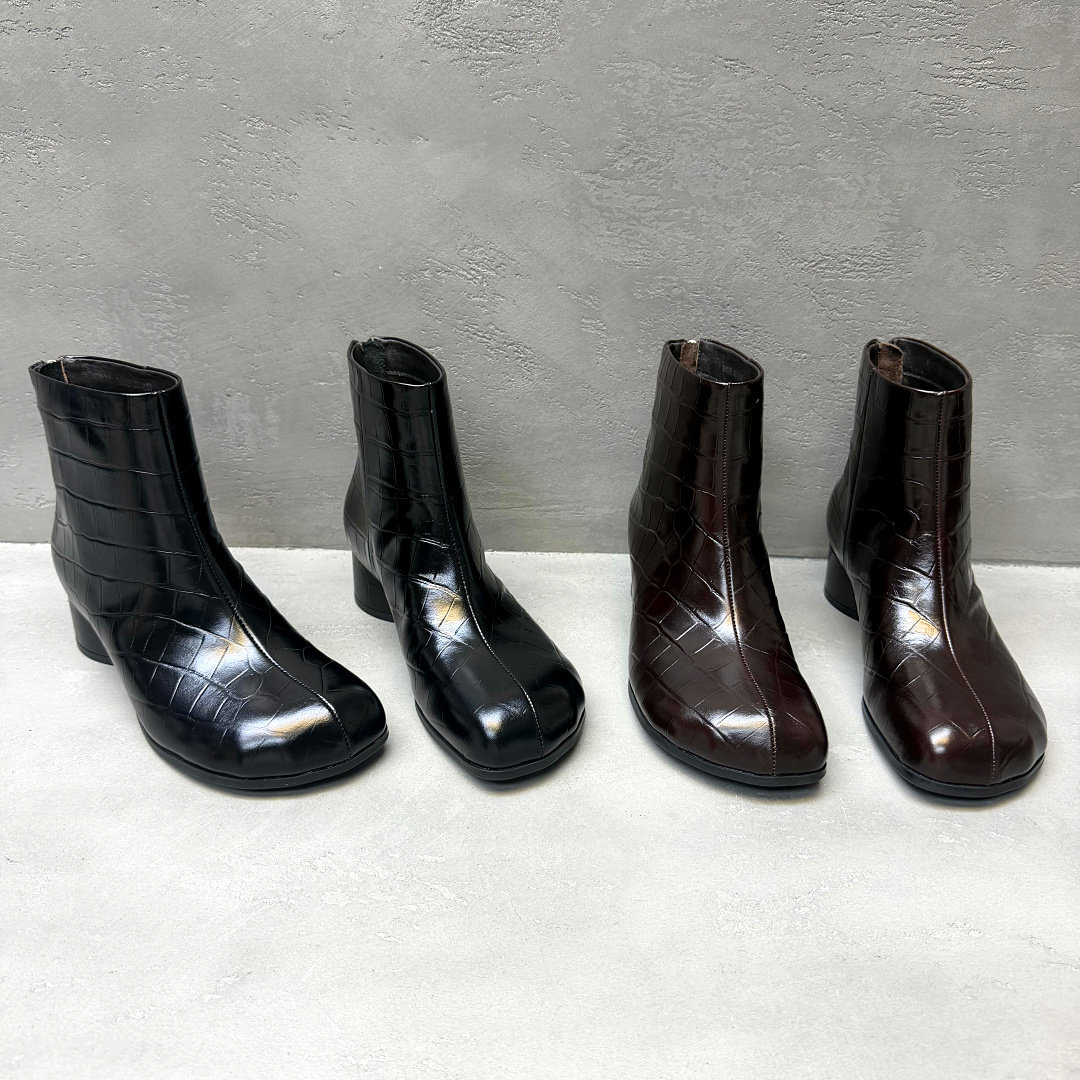 牛皮粗跟圆头后拉链短靴秋冬百搭