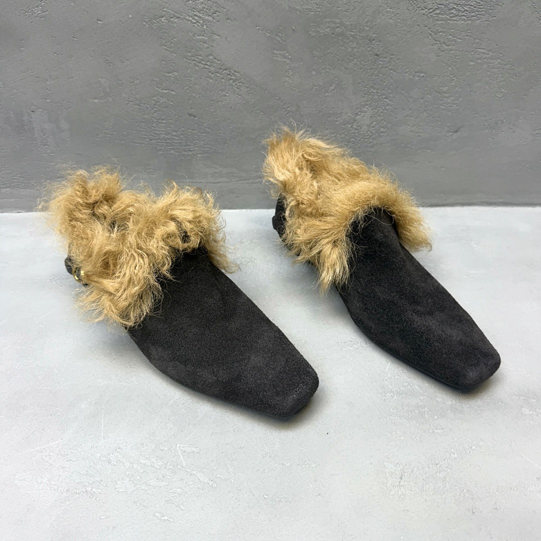 欧洲站牛绒方头保暖一脚蹬穆勒鞋