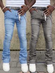 男士 弹力贴布牛仔堆叠裤 牛仔直筒裤 ins爆款 欧美街头时尚 跨境新款
