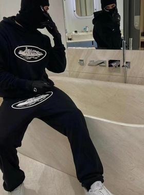 美式恶魔岛印花卫裤欧美街头潮牌宽松运动休闲裤灰色春秋束脚裤